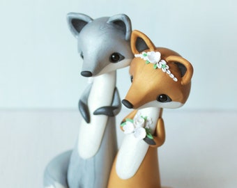 Silver and Red Fox Wedding Cake Topper - polymer clay cake topper and keepsake by Heartmade Cottage; woodland wedding, rustic wedding