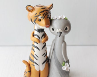 Tiger and Pigeon Wedding Cake Topper - animal clay wedding cake topper - ornament by Heartmade Cottage