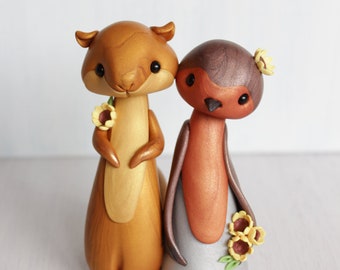 Squirrel and Robin Wedding Cake Topper - animal clay wedding cake topper for rustic and woodland wedding - figurine by Heartmade Cottage