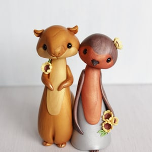 Squirrel and Robin Wedding Cake Topper - animal clay wedding cake topper for rustic and woodland wedding - figurine by Heartmade Cottage