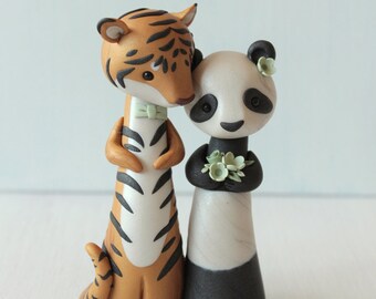 Panda and Tiger wedding cake topper and keepsake by Heartmade Cottage;  personalised polymer clay cake toppers, figurines and ornaments