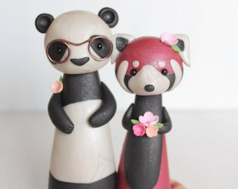 Red Panda and Giant Panda Wedding Cake Topper and keepsake, polymer clay figurine by Heartmade Cottage; cute animal wedding cake topper