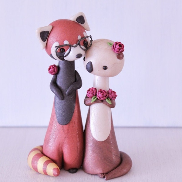 Red Panda and Sea Otter Wedding Cake Topper - animal wedding cake topper and keepsake, polymer clay wedding figurines by Heartmade Cottage