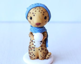 Leopard figurine - winter Christmas ornament, leopard cake topper - original leopard polymer clay ornament by Heartmade Cottage