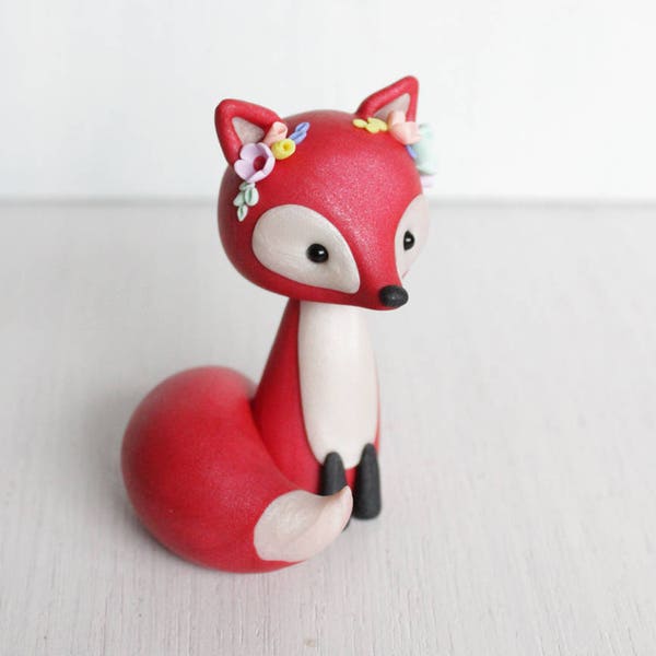 Red Fox clay figurine - boho style fox sculpture - red fox woodland cake topper - fox polymer clay ornament by Heartmade Cottage