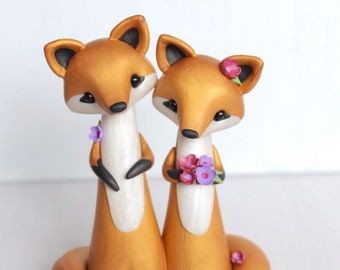 Red Foxes Wedding Cake Topper - personalized fox polymer clay cake topper and keepsake for woodland, rustic and outdoor wedding theme