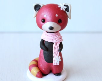 Red Panda figurine - winter Christmas ornament, red panda cake topper - original red panda polymer clay ornament by Heartmade Cottage