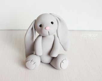 Gray Bunny Rabbit - bunny clay cake topper and keepsake - baby shower cake topper, birthday bunny - figurines by Heartmade Cottage