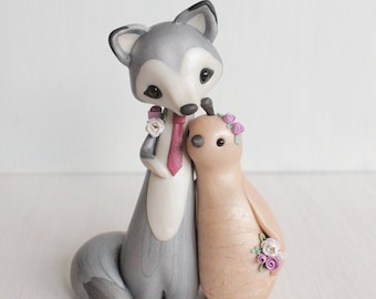 Wolf and Quail Wedding Cake Topper  -  Woodland Wedding polymer clay cake topper and keepsake - figurine by Heartmade Cottage