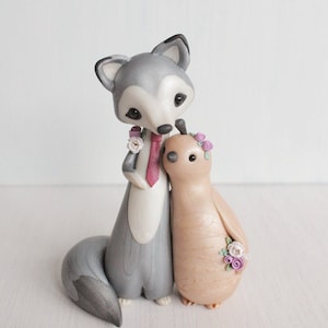 Wolf and Quail Wedding Cake Topper Woodland Wedding polymer clay cake topper and keepsake figurine by Heartmade Cottage image 1