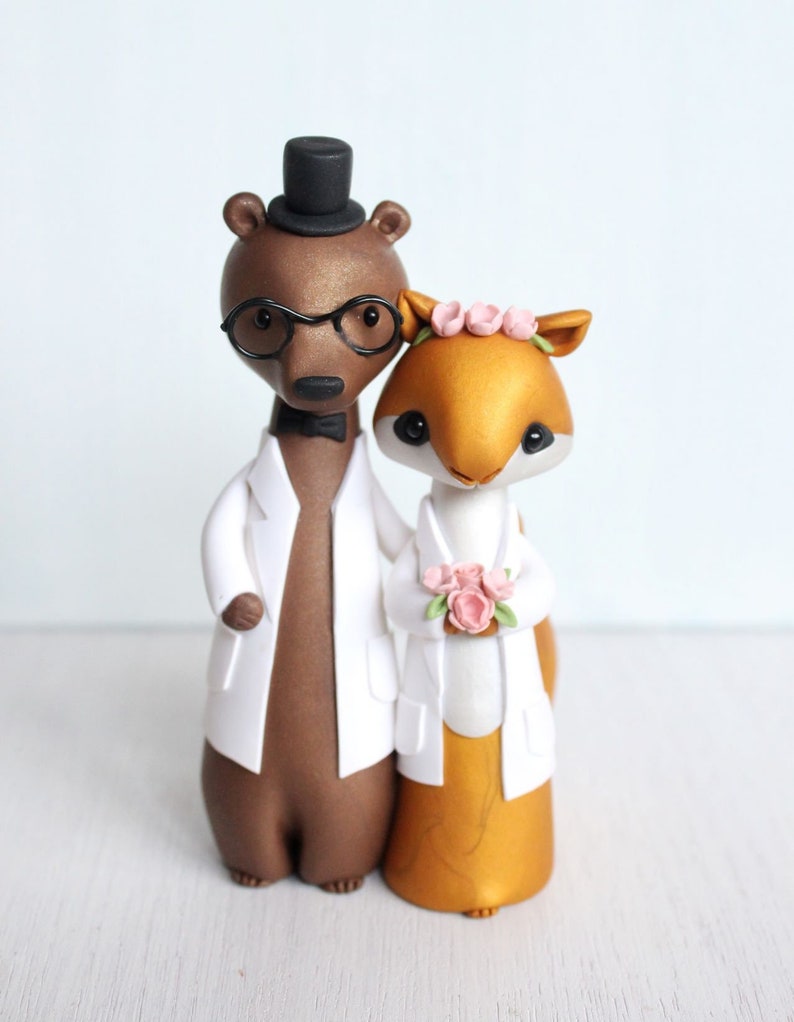 Bear and Squirrel Wedding Cake Topper science, lab coats woodland wedding original clay figurine by Heartmade Cottage image 1