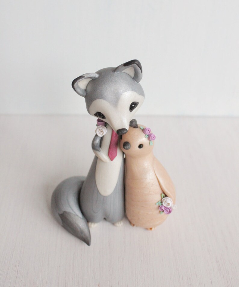 Wolf and Quail Wedding Cake Topper Woodland Wedding polymer clay cake topper and keepsake figurine by Heartmade Cottage image 2