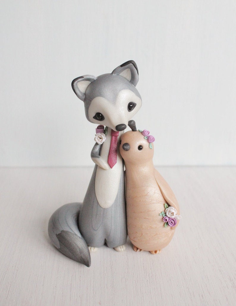 Wolf and Quail Wedding Cake Topper Woodland Wedding polymer clay cake topper and keepsake figurine by Heartmade Cottage image 1