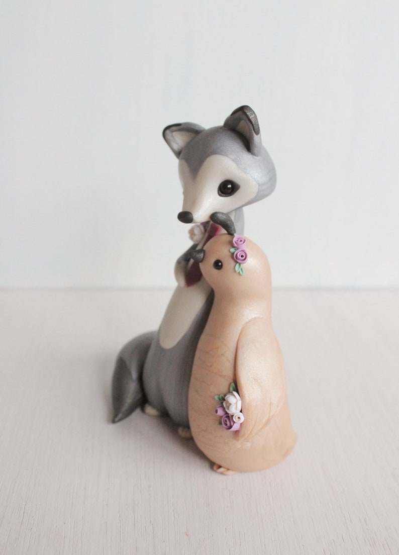 Wolf and Quail Wedding Cake Topper Woodland Wedding polymer clay cake topper and keepsake figurine by Heartmade Cottage image 4