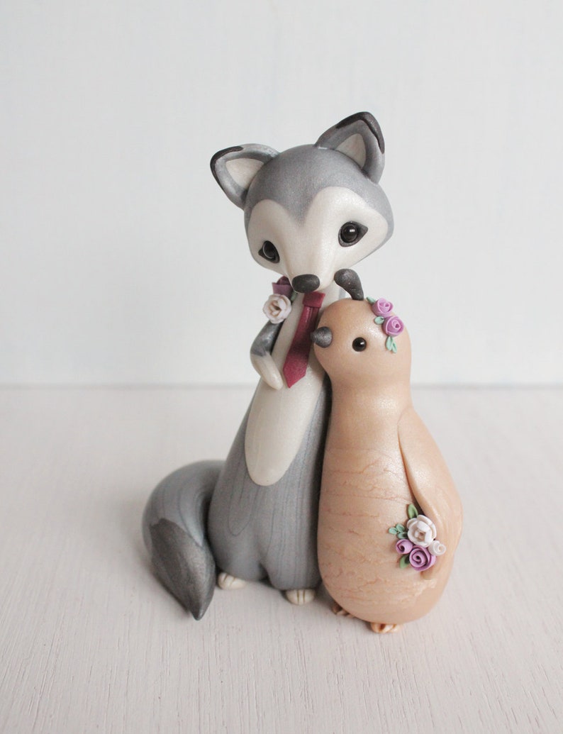 Wolf and Quail Wedding Cake Topper Woodland Wedding polymer clay cake topper and keepsake figurine by Heartmade Cottage image 3