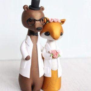 Bear and Squirrel Wedding Cake Topper science, lab coats woodland wedding original clay figurine by Heartmade Cottage image 3