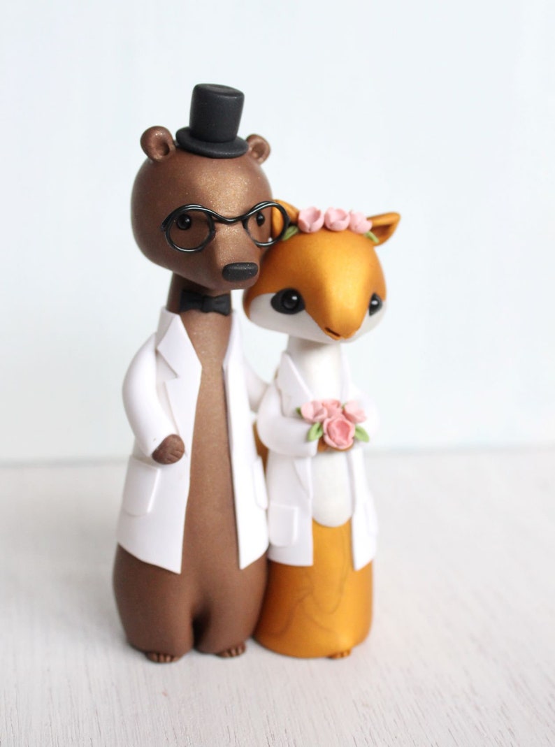 Bear and Squirrel Wedding Cake Topper science, lab coats woodland wedding original clay figurine by Heartmade Cottage image 3