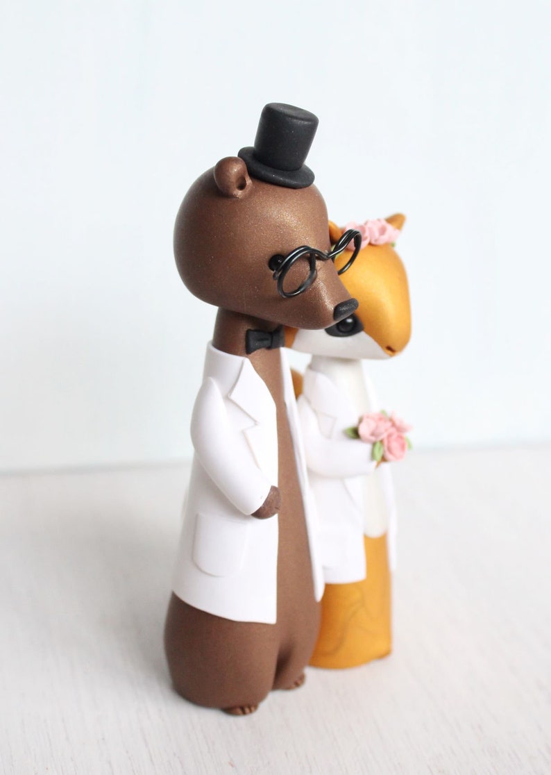 Bear and Squirrel Wedding Cake Topper science, lab coats woodland wedding original clay figurine by Heartmade Cottage image 4