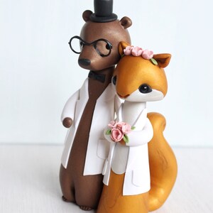Bear and Squirrel Wedding Cake Topper science, lab coats woodland wedding original clay figurine by Heartmade Cottage image 2