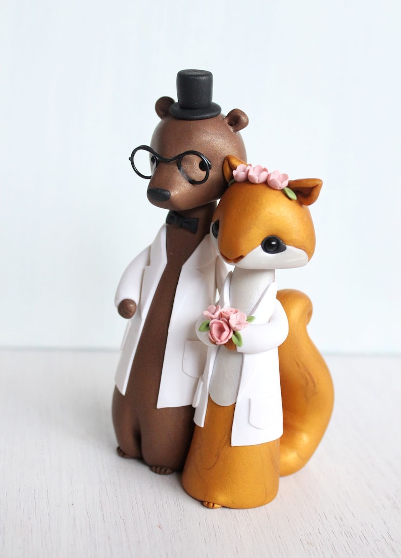 Bear and Squirrel Wedding Cake Topper science, lab coats woodland wedding original clay figurine by Heartmade Cottage image 2