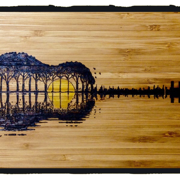 Sunset Guitar Reflection Wood Burn - Bamboo Cutting (Cheese) Board
