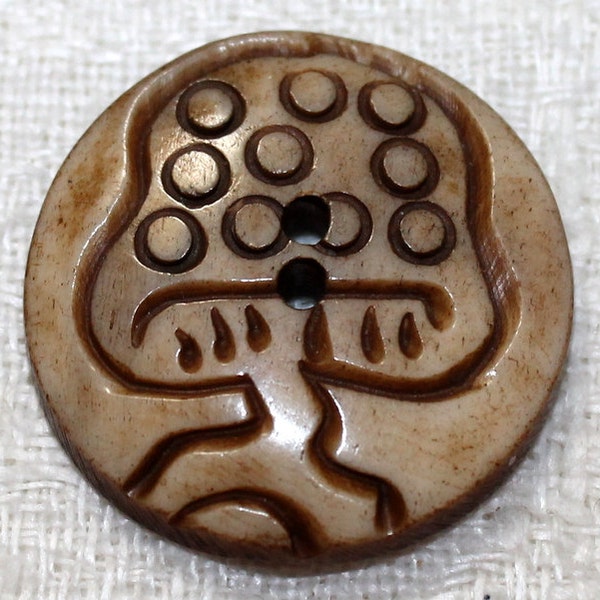 Vintage Water Buffalo Bone Button - Carved Mushroom Button or Apple Tree Design - Sew Thru Button - 1 & 3/16"