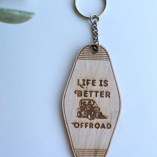 Off road Hotel keychain maple solid wood, laser cut and laser engraved keychain, side by side, ATV, personalized and custom text avaliable