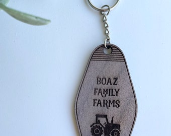 Tractor Hotel keychain maple solid wood, laser cut and laser engraved keychain, personalized and custom text avaliable