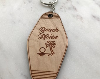 hotel keychain cherry and walnut solid wood, beach house laser cut and engraved, personalized and custom text available.