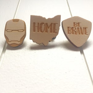 Personalized custom Wooden Laser engrave Lapel Pins custom pin hero character shape, corporate, weddings, birthday