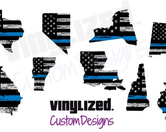 Thin Blue Line American Flag State Flag Outline Sticker Vinyl Decal US USA merica Map America TBL officer