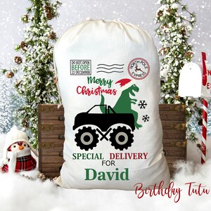 Personalized Christmas Gift Bag, Santa Sack, Christmas Sack, Personalized Sack, Present Kid Family Children Toys Dinosaur Monster Truck