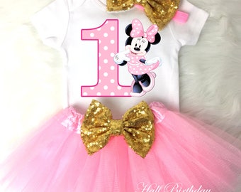 First birthday outfit,Minnie mouse outfit,Pink and gold bodysuit,Handmade