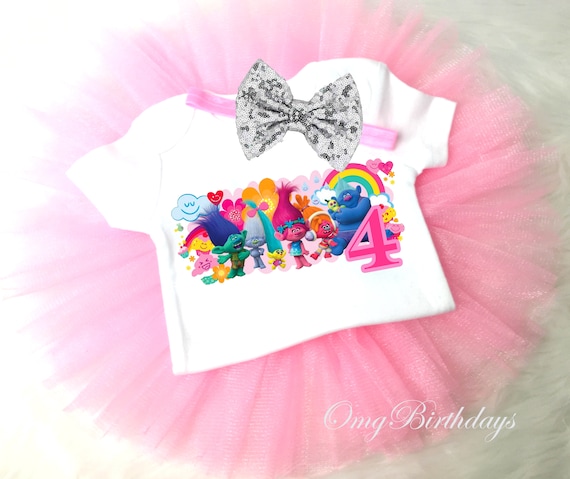 Poppy Trolls Birthday Tutu Outfit 4th Pink Purple Girl Sequin Headband Rainbow