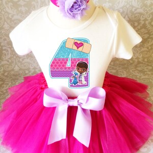 Birthday Doc McStuffins Hot Pink Lavender Blue Animal Doctor Number Age  Fourth Shirt & Tutu Set Girl Outfit  Headband Custom Size 4th