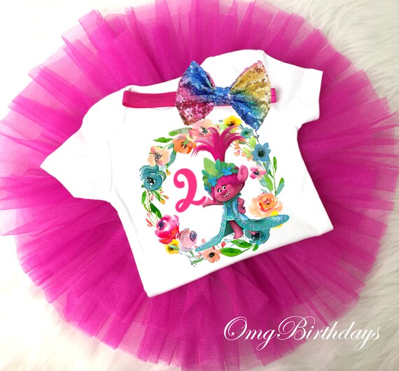 Poppy Trolls Birthday Tutu Outfit 2nd Pink Purple Girl Sequin Headband Rainbow