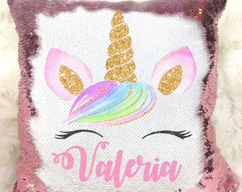 unicorn flip sequin initial pillow