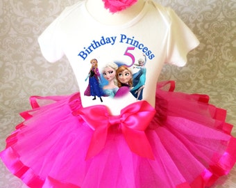 Birthday Frozen Elsa Ann Princess Hot Pink Number Fifth Age 5 Shirt & Tutu Set Girl Outfit Party Headband Custom Size Cake Smash 5th