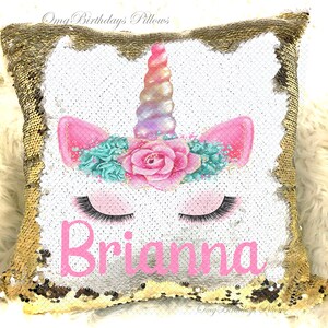 Pink Turquoise Unicorn Face Flower Crown Reversible Mermaid Magic Sequins Flip Pillow Cover Personalized Name Custom Birthday w/ Stuffing image 1