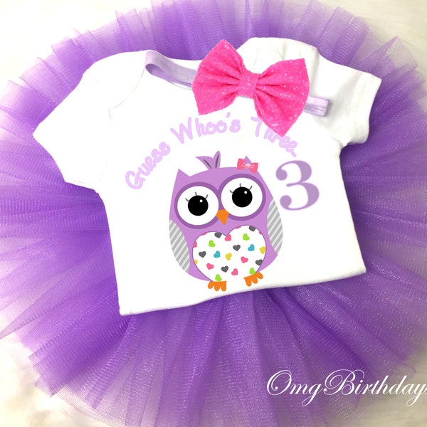 Lavender OWL Guess Whoos Turning, 3 years, Custom Age Girls,Birthday Outfit,Shirt, 3rd Birthday Outfit, Birthday Outfit Girl,  bow headband