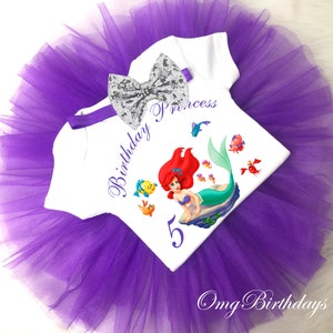 Pretty Little Mermaid Ariel Princess Purple Silver Sequins Bow Headband Shirt Tutu Set Girl Outfit 1st 2nd 3rd 4th 5th 6th 7th first