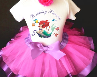 Birthday Ariel Little Mermaid Lavender Hot Pink Fifth Age 5 Shirt & Tutu Set Girl Outfit  Headband Custom Size Cake Smash 5th
