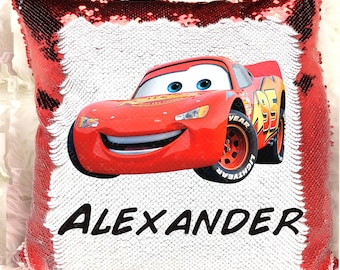 Cars Lightning McQueen Racing Race Car Red Reversible Magic Sequins Flip Pillow Cover Case Personalized Name Custom Birthday Gift