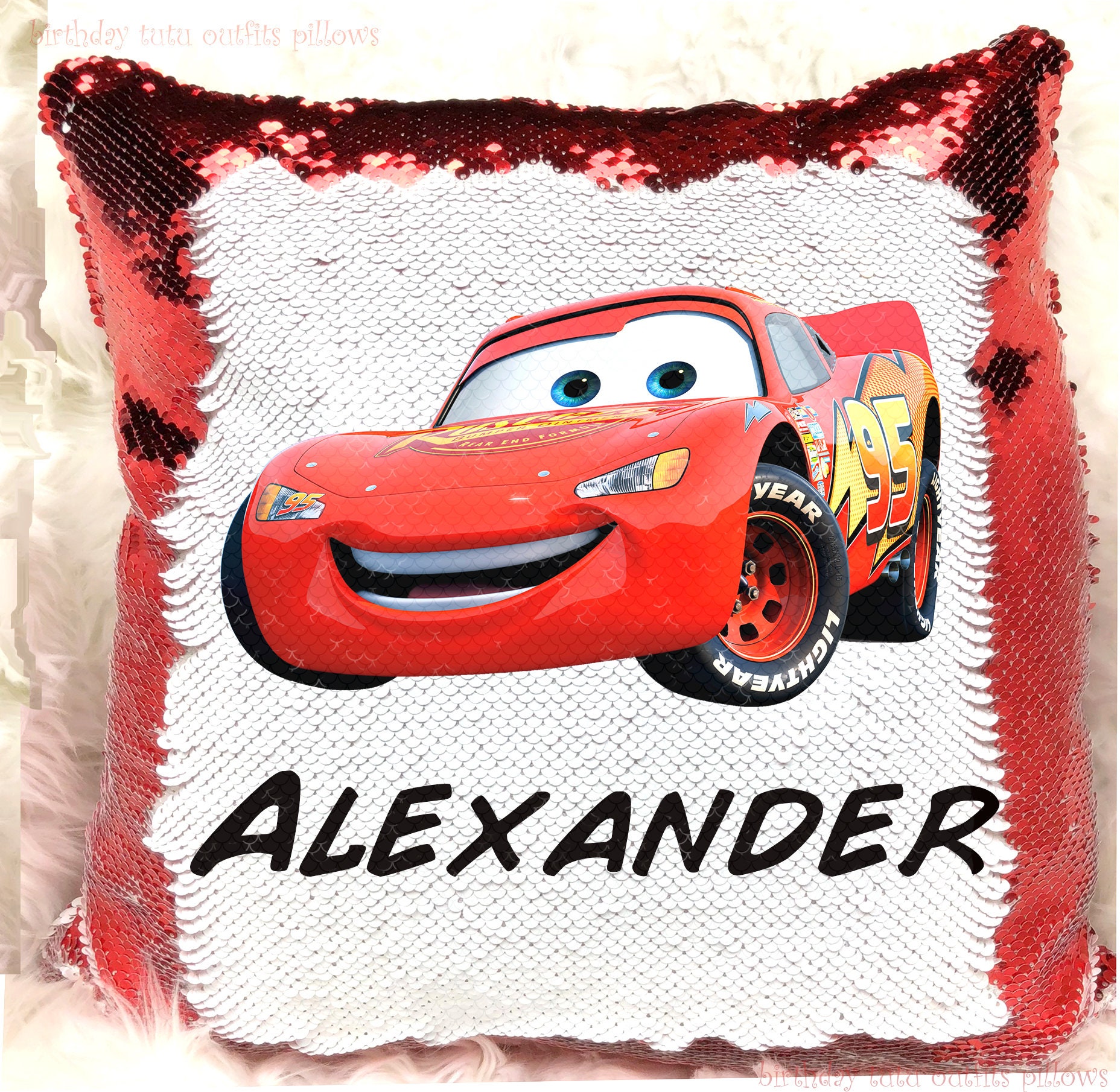 Cars Lightning McQueen Racing Race Car Red Reversible Magic Sequins Flip  Pillow Cover Case Personalized Name Custom Birthday Gift - .de