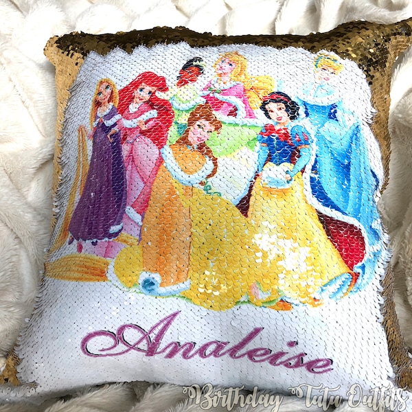 Belle Ariel Snow White Cinderella Rapunzel Princess Reversible Sequins Pillow Cover Case Personalized Name Custom Hidden Message w/ Stuffing