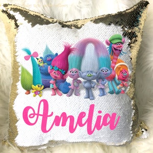 Poppy Trolls Friends Reversible Mermaid Magic Sequins Flip Pillow Cover Case Personalized Name Custom Birthday w/ Stuffing