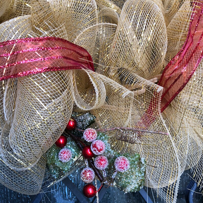 Holiday Front Door Seasonal Winter Red Glitter Decor Door Hanger Gold Golden Christmas Red berries Wreath Mesh Wreath Free Shipping