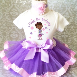 Birthday Lavender Purple Pink Doc McStuffins Age 3 3rd Third age 3 Shirt & Tutu Set Girl Outfit Party Dress Headband Custom Size Cake Smash