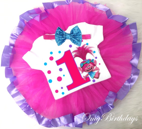 Poppy Trolls Birthday Tutu Outfit 2nd Pink Purple Girl Sequin Headband Rainbow