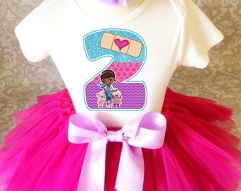 Birthday Doc McStuffins Hot Pink Lavender Blue Animal Doctor Age 2 2nd Second Shirt & Tutu Set Girl Outfit Party Dress Headband Custom Size